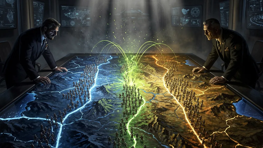 Two commanders lean in from opposite ends of a lit war table, five glowing fronts of massed figures between them and sparks arcing over the middle.
