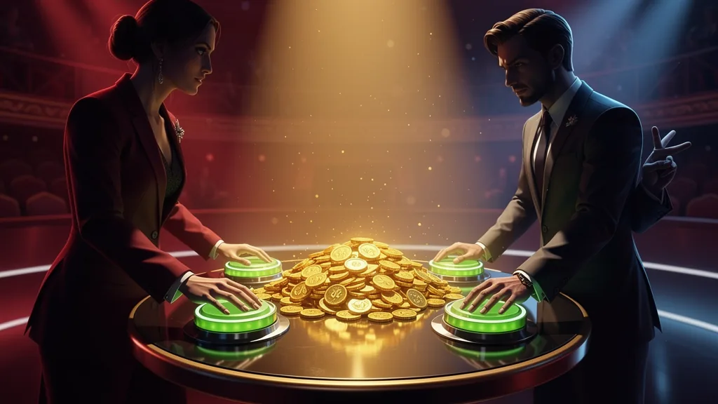A woman and a man face each other across a small round table under a spotlight, a mound of gold coins between them, each with both hands resting on a lit green button.
